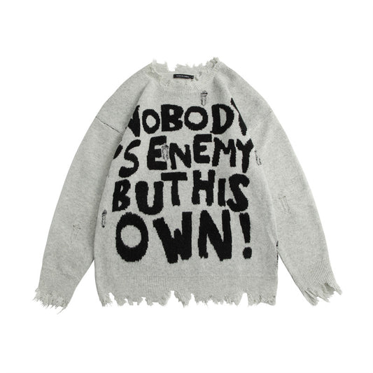 Street Fashion Make Old Ripped Letter Jacquard Burr Knitted Pullover