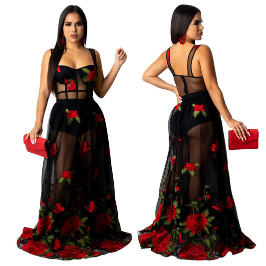 Womens Versatile Sexy Slip Dress With Embroidery And Sheer Details