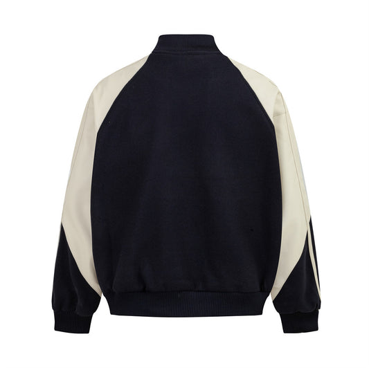 PU Leather Stitching Color Blocking Baseball Uniform Jacket