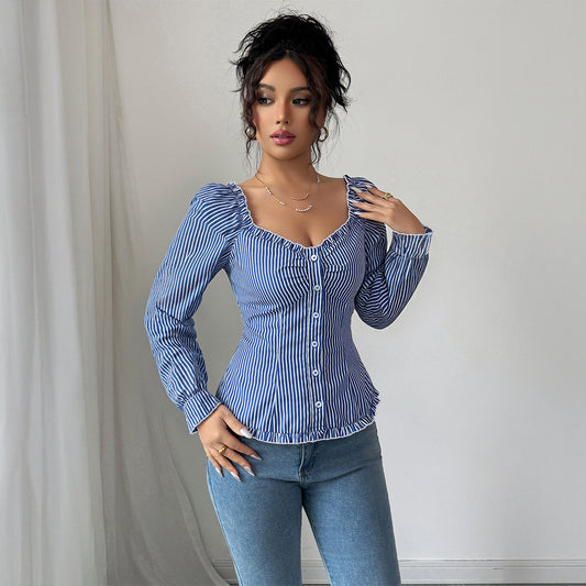 Stribet langærmet T-shirt bluse til kvinder i Hot Girl-stil