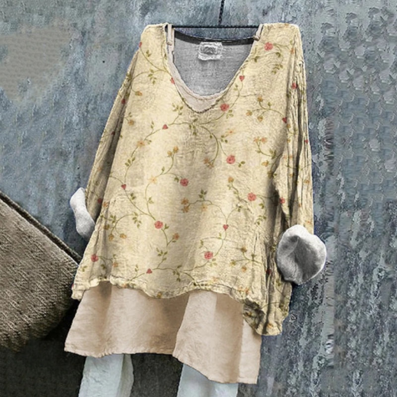 Vintage Floral Art Pattern Linen Long-sleeve Top