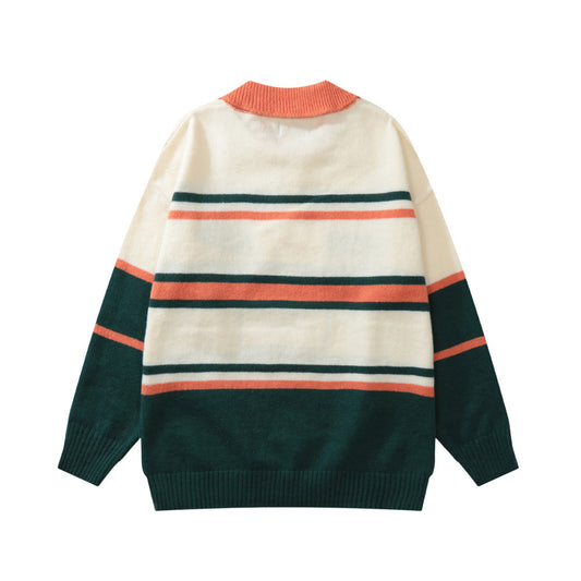 Men's American Style Colorblock Striped Lapel Pullover Sweater