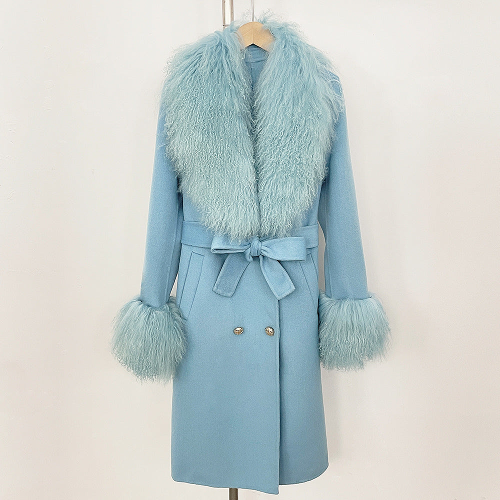 Long Double-faced Wool Coat With A Shearling Collar