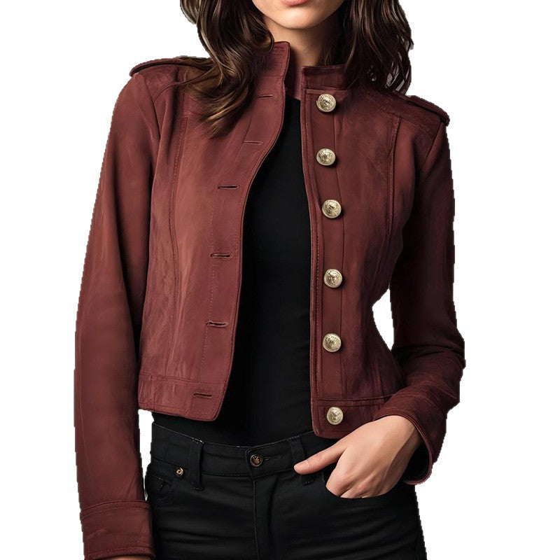 Veste courte en suède à manches longues, style rétro mode femme