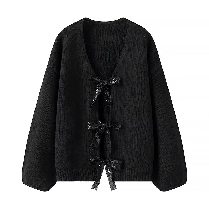 Women's Sequined Bowknot Decoration Loose Knitted Sweater