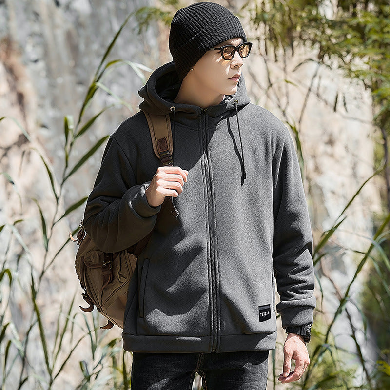 Men's Hooded Lamb Wool Jacket Loose Casual Plus Size Brushed Hoody