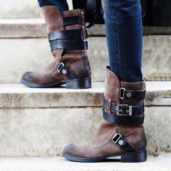 Vintage Men's Thick-heeled Suede Boots With Belt Buckle