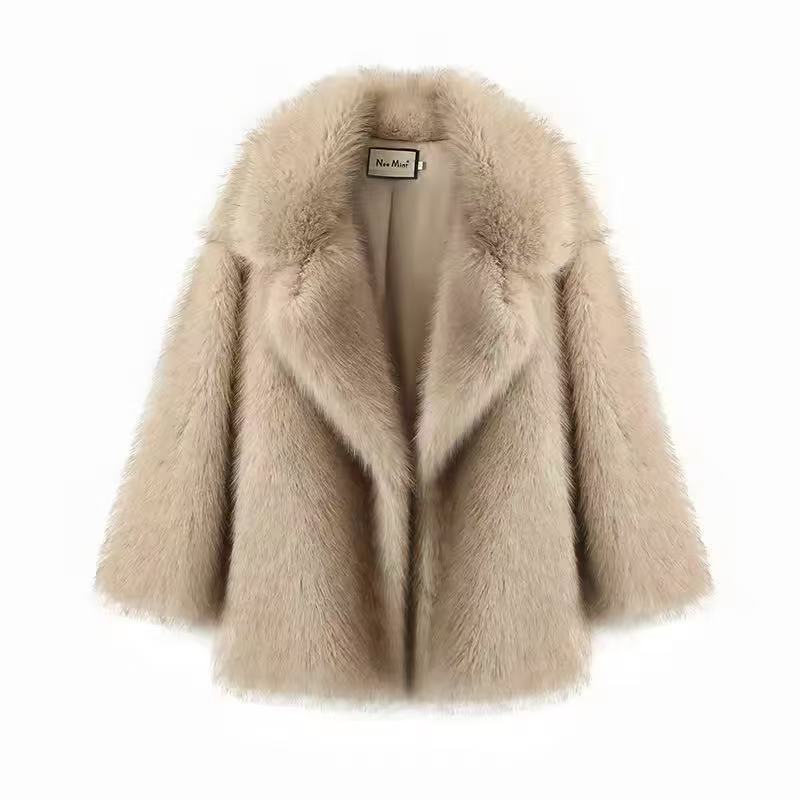 Mid Length Womens Faux Fox Fur Coat With A Blazer Style Collar