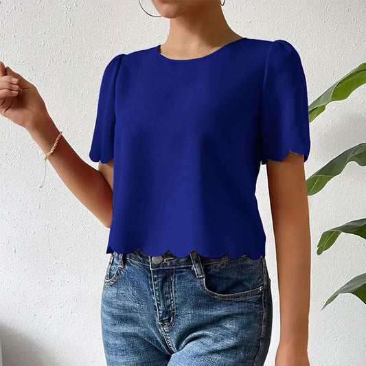 Solid Color Burnt Flower Scalloped Crop-top Short Top Female