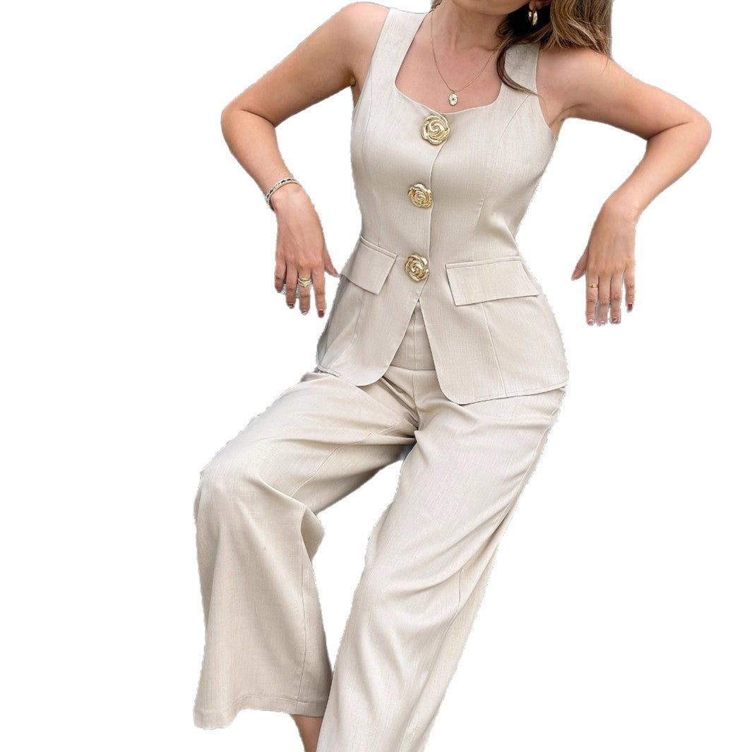 Solid-color Elegant Wide-leg Pants With A Rose-button Square-neck Sleeveless Vest