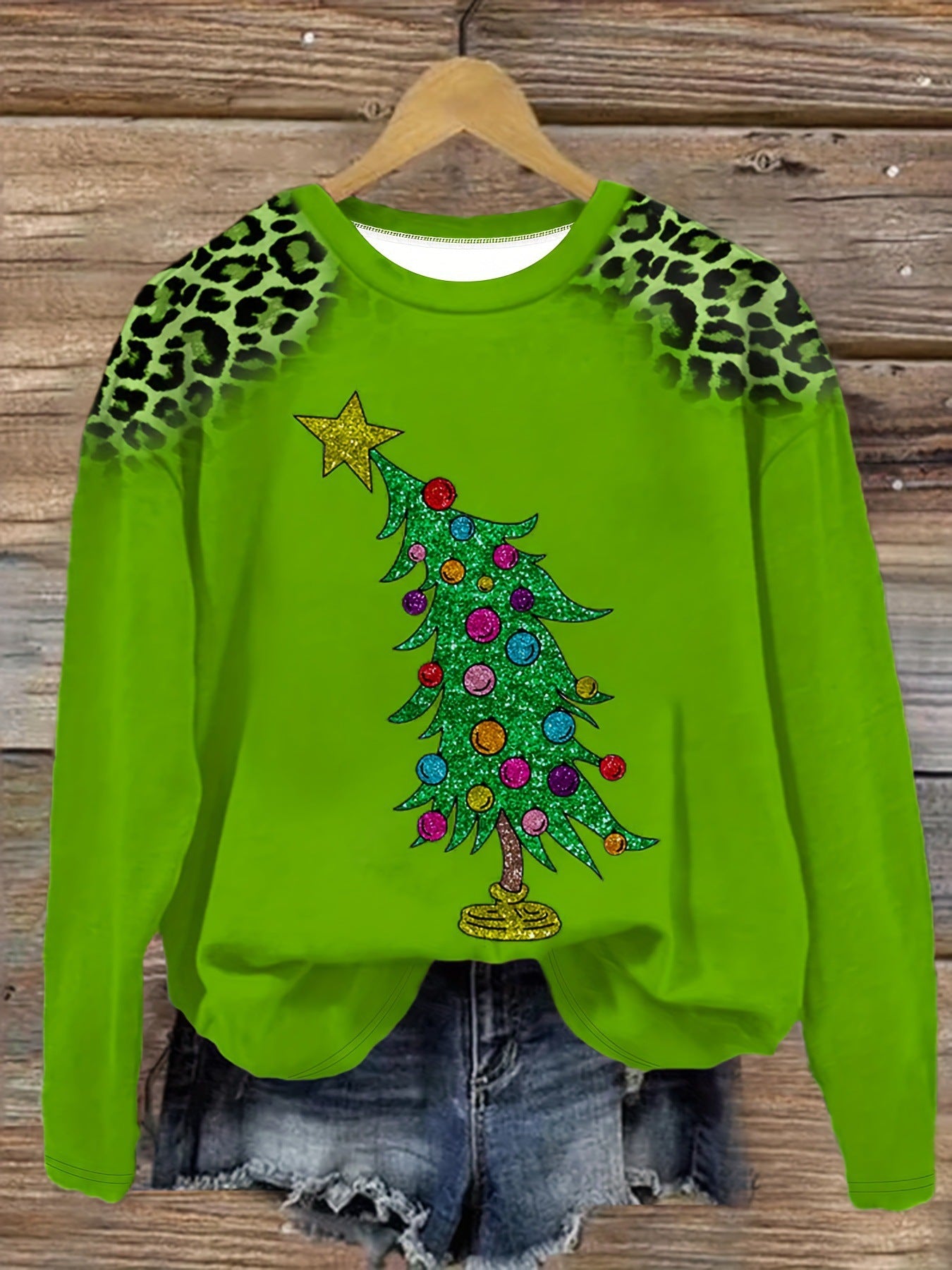 Halsudskæring, juleprint, sweatshirt til damer