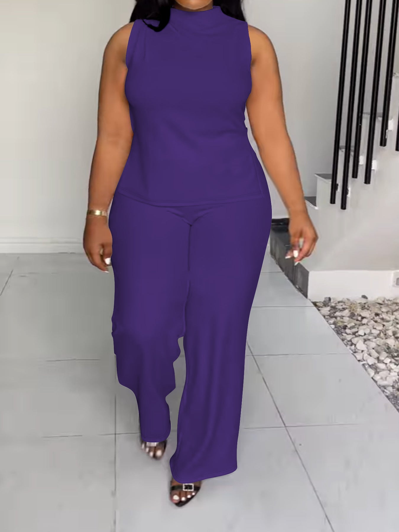 Solid Color Casual Sleeveless Trousers Suit