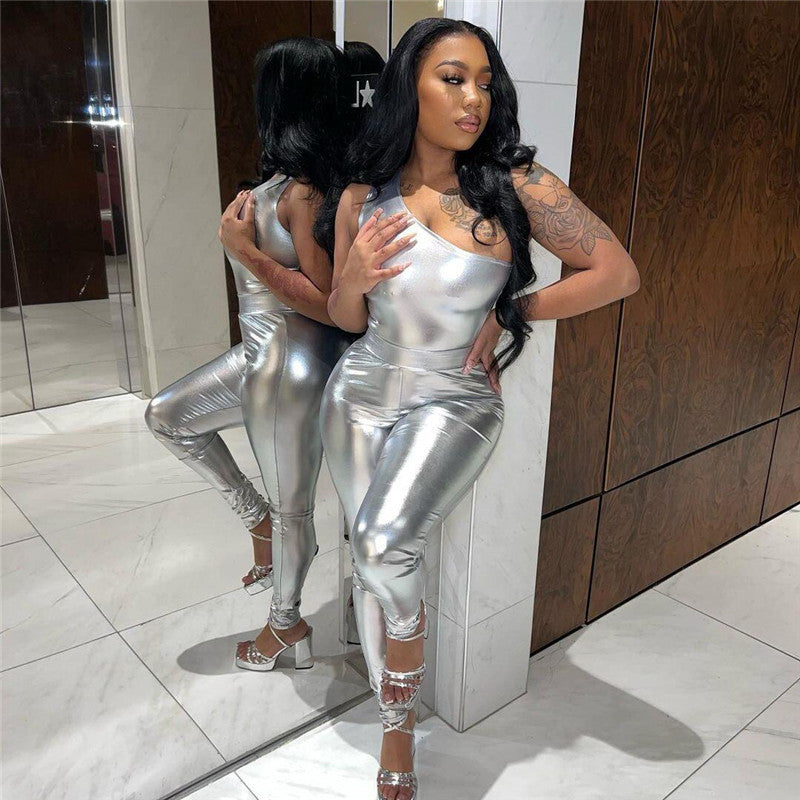Shiny Faux Leather One Shoulder Top High Waist