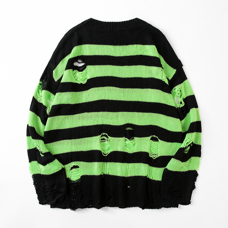 Lovers Ripped Sweater Knitted Round Neckline, Color Matching Outer Wear