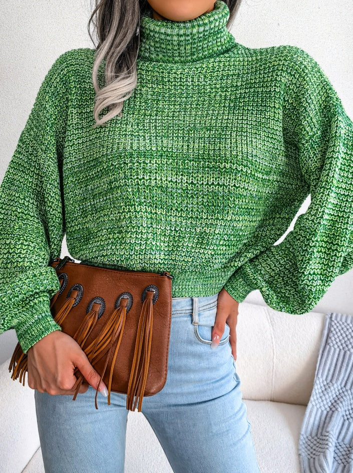 Women Mixed Color Lantern Sleeve Turtleneck Knit Sweater