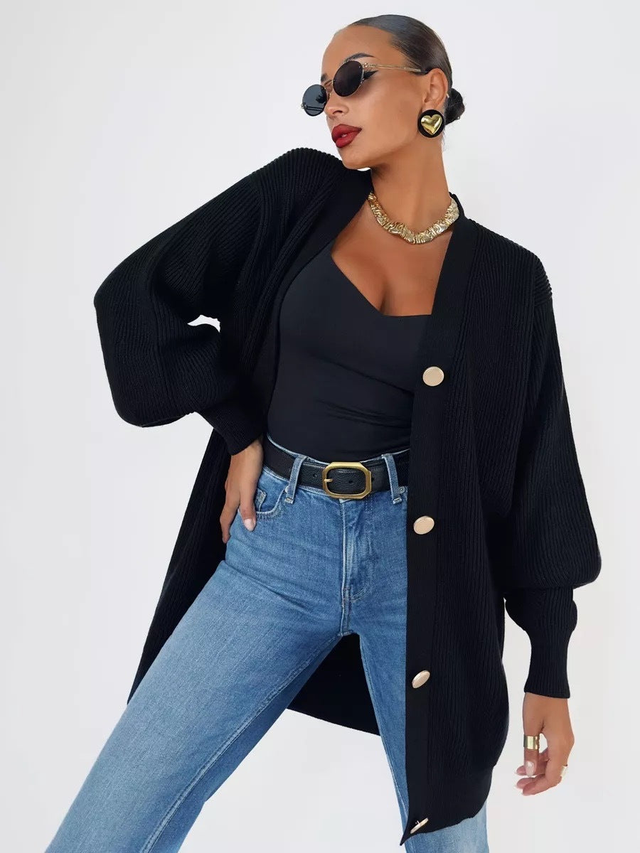 European And American Pure Color Casual Versatile Loose V-neck Early Autumn Knitted Cardigan