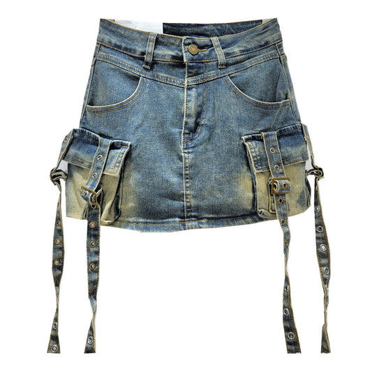 Forårs- og sommer-denim hoftepakket kort nederdel