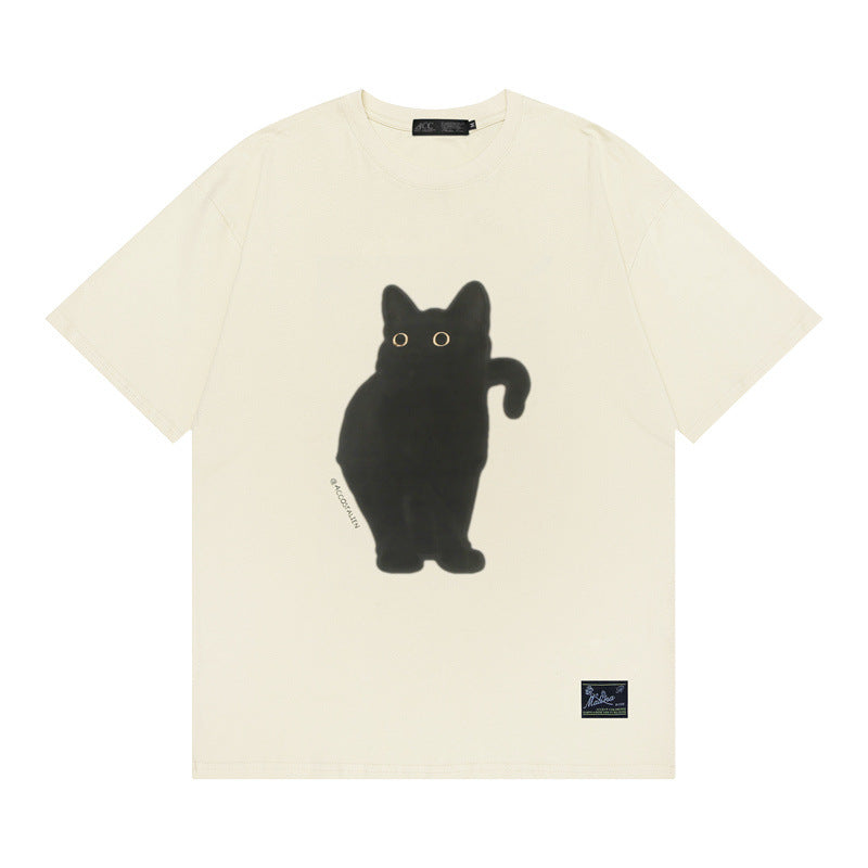 Women's Retro Artistic Fresh Cute Coffee Cat Cartoon Printed Short Sleeve