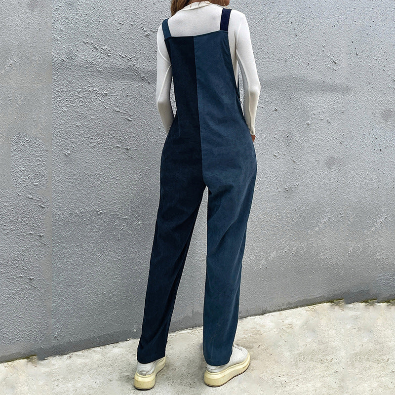 Two-color Stitching Casual Symmetrical Straps Long Ladies Jumpsuit