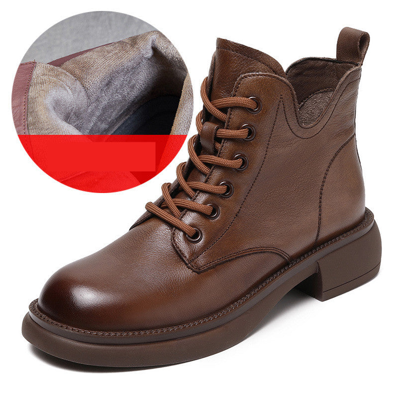 Women's V-mouth Lace-up Flat Leather Short Martin Boots