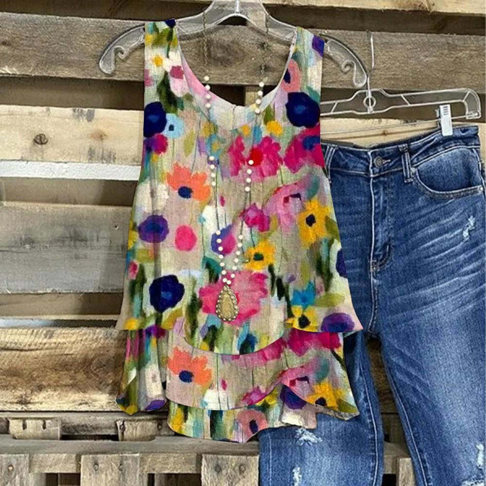 Oil Painting Women's Round Neck Sleeveless Top