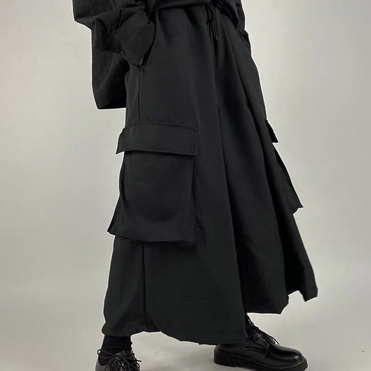 Large Swing Black Japanese Wide-leg Pants Split Draping Cropped Tooling Large Pocket