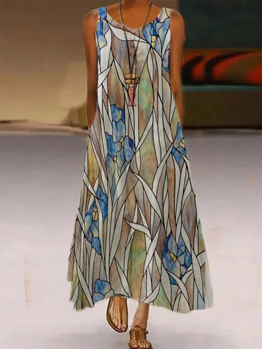 Women's Printed Pocket Round Neck Long Skirt