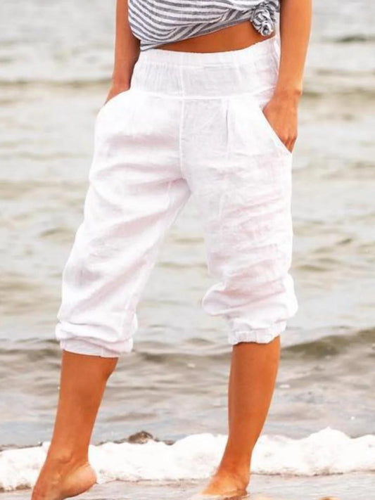 Casual Solid Color Cotton And Linen Cropped Trousers