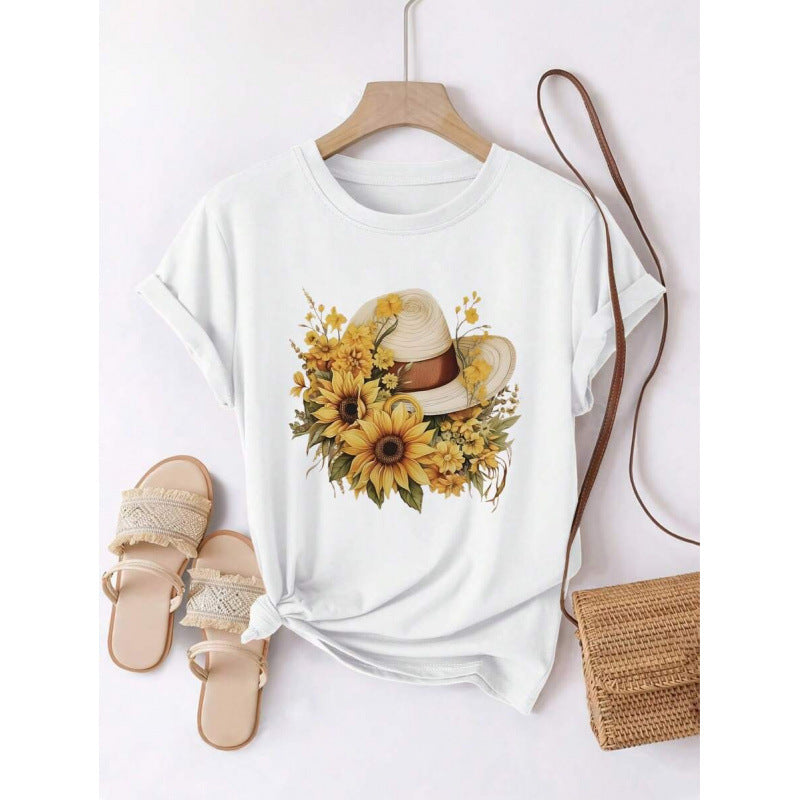 Womens Loose-Fit Crew-Neck T-Shirt With A Pure Cotton Sunflower Straw Hat Design