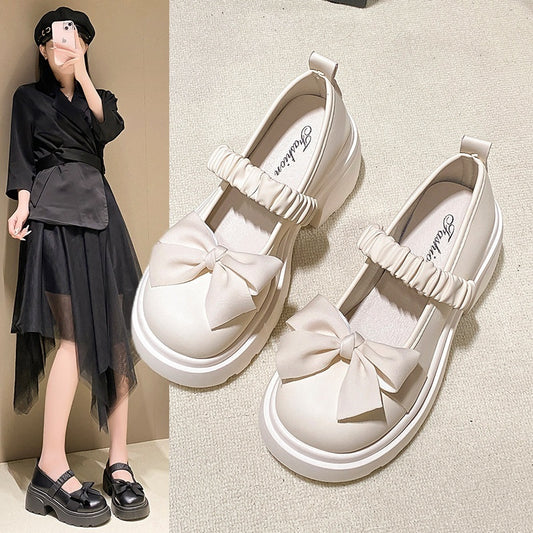 Small Leather Shoes Women's High Heel With Skirt Bow French Chunky Heel Pumps