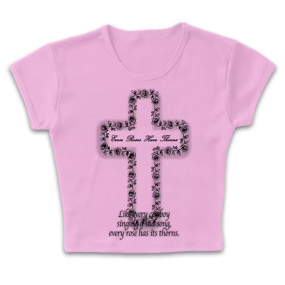 Cross-printed Color-block Crew-neck T-shirt With Short Sleeves