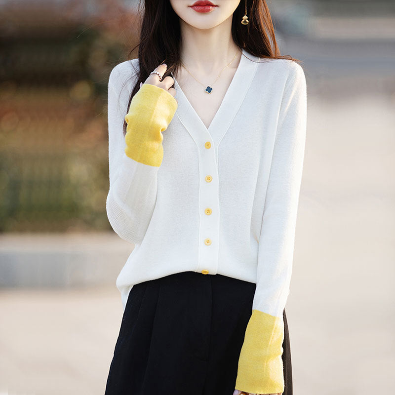 V-neck Color Stitching Knitted Cardigan Coat Loose Thin Slimming Women's Sweater