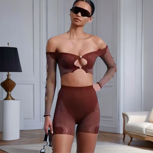 High-end Long-sleeved Top High-waisted Hollow-out Fashionable Women's Shorts Set For Outerwear