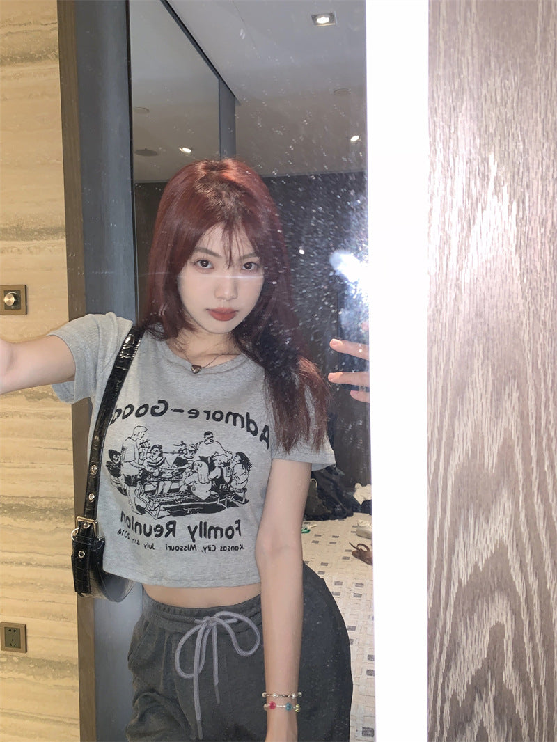 American-style Retro Cartoon-print Drop-shoulder Short-sleeve T-shirt