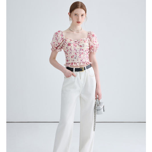 French Slim Floral Short Sleeved Shirt