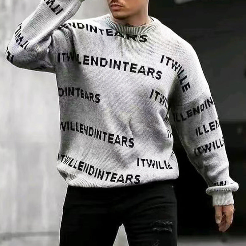 European And American Men's Letter Printing Casual Sweater Loose Round Neck