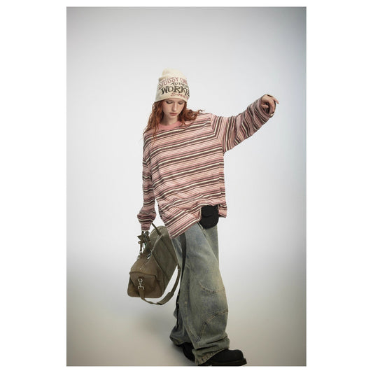 Stribet langærmet T-shirt Trendy Pullover Top til Mænd og Kvinder