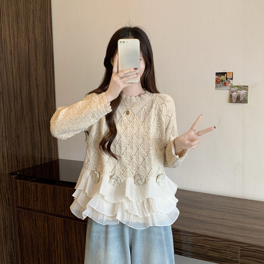 Women's Casual Loose Slimming Rose Lace Edge Sweater