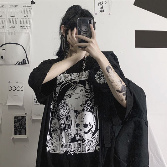 Fashion Brand Dark Printing Loose Crew Neck Top
