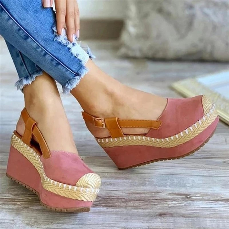Wedge Heel Color-blocked Toe-toe Straw Buckle Sandals