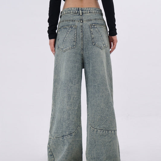 Light-blue Distressed Washed Denim Jeans With Spliced Pleats