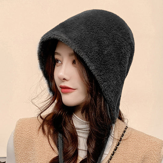 Female Round Top Faux Sable Fur Basin Hat With Solid Lace