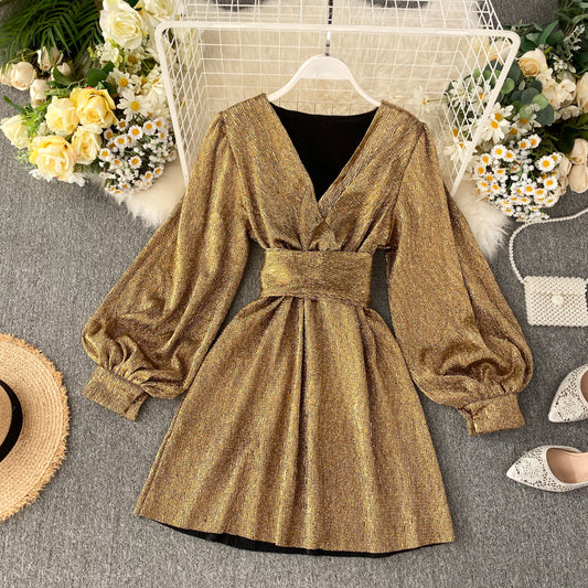 New Spring Summer V-neck Lantern-Sleeve Gold Metallic Sheer Waist-Cinched Dress