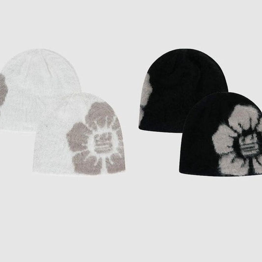 European And American Flowers Warm Knitted Hat Autumn And Winter Jacquard Sleeve Cap