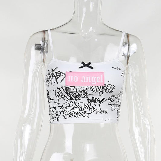Women's Graffiti Suspenders Cropped One Shoulder Top