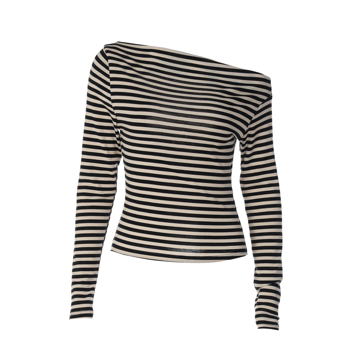 Contrast Color Striped Diagonal Collar Long Sleeve T-shirt