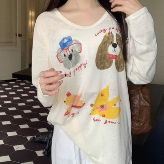 Cartoon Printed Cute Dog Long Sleeve T-shirt Loose