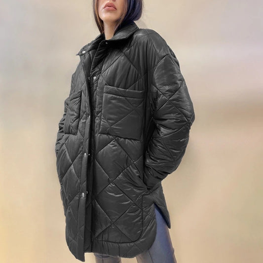 Lapel Mid-length Diamond Check Down Padded Jacket
