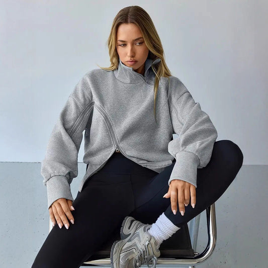 Contrast-color Zipper Short Chic Mock-neck Hoodie