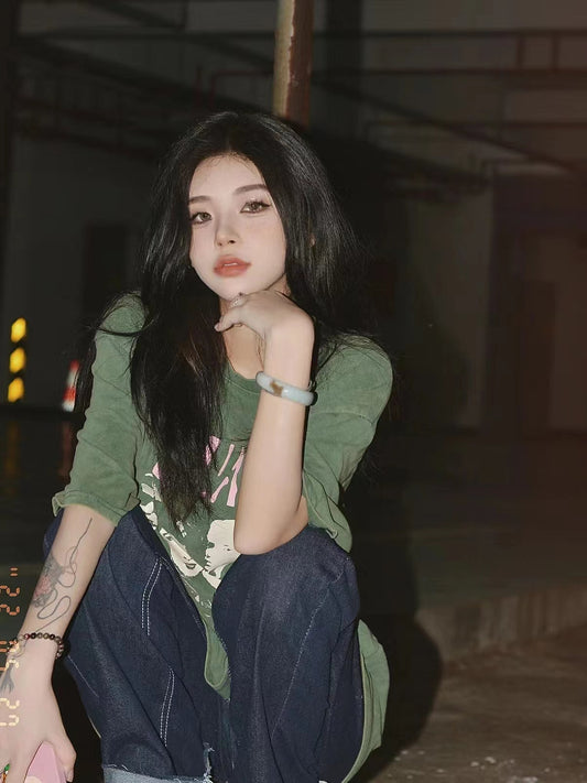 Women's Vintage Washed Old Green Cotton Short Sleeves